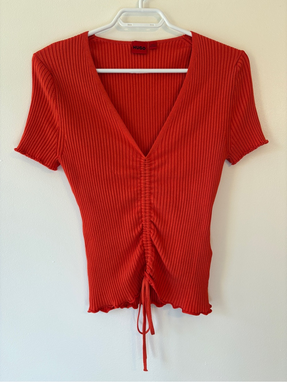 HUGO Hugo Boss Orange Ribbed Ruched Drawstring V-Neck Top Size M - Picture 2 of 8